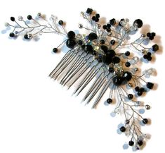 Here is a fabulous black and clear crystal hair comb that will finish off your look for any formal affair. It could be used as a bridal hair vine comb, a bridesmaid hair accessory, a prom hair comb, Quinceanera hair decoration, a dance recital adornment, part of a Halloween costume or anytime you want to add interest to your hair style. I used a variety of black and clear #1 rated crystals and crystal pearls along with silver beads to create this delicate hair jewelry. It is made on a silver ton Quinceanera Hair, Black And Silver Hair, Crystal Wedding Hair Accessories, Silver Hair Vine, Floral Hair Vine, Pearl Hair Comb, Silver Head Piece, Goth Halloween, Pearl Hair Combs