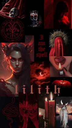 a collage of images with red lighting and demon symbols on them, including two candles