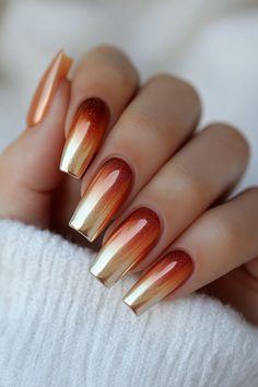 Duochrome Pumpkin Spice Chrome Nails, Chrome Nail Ideas Fall, October Chrome Nails, Fall Nail Tip Ideas, Orange And Green Fall Nails, Chrome Matte Nails, Chrome Fall Nails 2024, Orange Chrome Nails Designs, Fall Ombré Nails