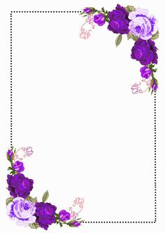 purple and white flowers with green leaves in the corner on a white background, frame or border