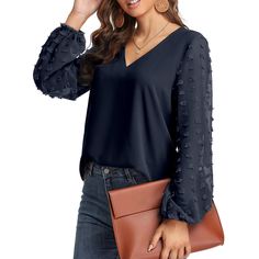 Introducing our Women's Business Casual Lantern Long Sleeve Blouse, the perfect addition to any wardrobe. This blouse features a stylish V-neckline and trendy Swiss dot pattern that exudes elegance and sophistication. Crafted from high-quality materials, this blouse is designed to last, ensuring that you can wear it time and time again. The loose tunic design provides a comfortable and relaxed fit, making it ideal for any occasion. With its long sleeves, this blouse is perfect for transitioning Loose Tunic, Tunic Designs, Womens Business Casual, Loose Pullover, Top Shirt Women, Straight Dress, Spring Shirts, Swiss Dot, Work Shirts