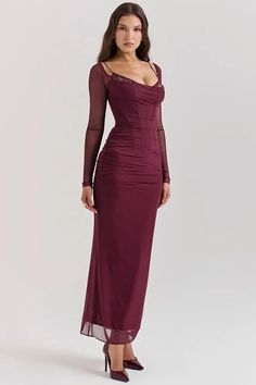 Elegant maxi dress features sheer long sleeves, a strapless and backless design, and a mesh body, creating a sophisticated and captivating look for formal occasions. Details: Elasticity: Slight Stretch Fabric Type: Polyester Silhouette: Sheath Neckline: Strapless Material: SPANDEX Material: Mesh Wine Maxi Dress, Maxi Dress For Women, Sheer Long Sleeve, Long Sleeve Gown, House Of Cb, Backless Maxi Dresses, Dress Inspo, Strapless Maxi Dress, Club Party