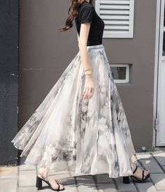 Stylish A line floral pattern chiffon skirt women's skirt Fabricchiffon Color:whiteblackgreenredblue Size(cmSML S length 88cm waist 60-100cm M length 93cm waist 65-105cm L length 98cm waist 70-110cm Skirts Floral, Long Skirt Summer, Long Skirt Fashion, High Waist Long Skirt, Dresses Spring, Wrap Around Dress, Stylish Dress Book, Stylish Dresses For Girls, Stylish Dress Designs