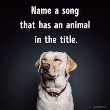 a white dog with his eyes closed sitting in front of a black background that says, name a song that has an animal in the title