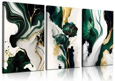 three abstract paintings with green and gold paint on them, one is white and the other is black