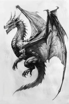 a black and white drawing of a dragon