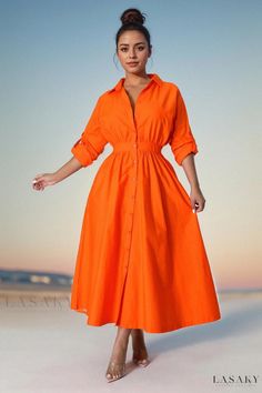 Lasaky - Stylish and Comfortable Long-Sleeve Shirt Dress with Waist Tie - A Fashionable and Stretchy Wardrobe Essential Shirt Dress Fall, Shirt Collar Styles, Collared Shirt Dress, Dress Sleeve Styles, Neckline Dress, Bodycon Maxi Dresses, Maxi Shirt Dress, Maxi Robes, Turndown Collar