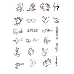 an image of tattoos on the back of a sheet of paper with words and hearts