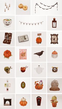 many different pictures of pumpkins and other things on the wall in front of them