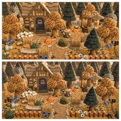 two pictures of trees and houses in the middle of an autumn scene with pumpkins