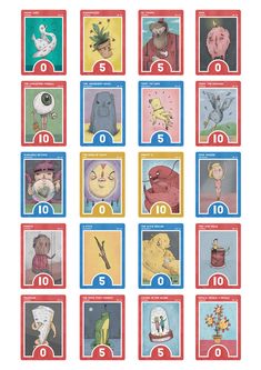 the card game has nine different cards with numbers and pictures on them, including one for each