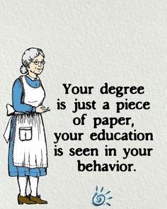 an old woman with glasses is standing in front of a sign that says, your degree is