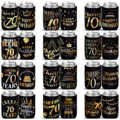 a bunch of black and gold birthday cans