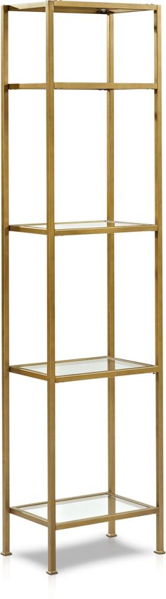 a gold shelf with three shelves on each side and two glass shelves in the middle