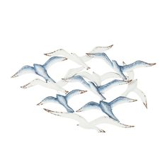 six seagulls are flying in the air on a white background with blue and brown accents