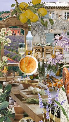 a collage of flowers, lemons and other items in a kitchen area with an open window