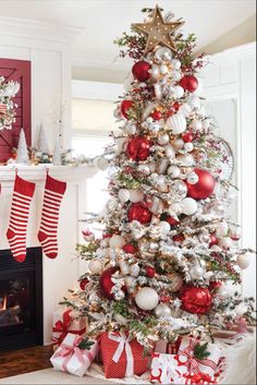 a christmas tree decorated with red and white ornaments