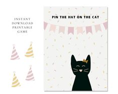 a card with a black cat and party hats