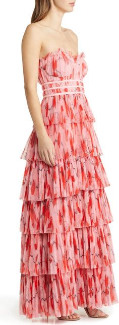 Hutch Monaco Strapless Ruffle Tiered Plissé Gown | Nordstrom Green Evening Gowns, Floral Bustier, Designer Maxi Dress, Tiered Ruffle Dress, Guest Attire, Floral Gown, Fashion Design Dress, Wedding Attire Guest, Strapless Gown