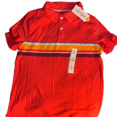 Nwt Red Collared Polo Tee Shirt Two Buttons Orange White Brown Stripe Across The Chest Cat&Jack Size L (10/12) Cute Red T-shirt For School, Red Collared Top For School, Red Short Sleeve Tops For School, Red Cotton School T-shirt, Playful Red Tops For Summer, Playful Red Summer Tops, Red Summer School Tops, Red Summer Tops For School, Red Cotton Tops For Playtime