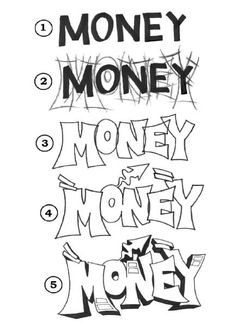 the words money are written in black and white with some type of writing on it