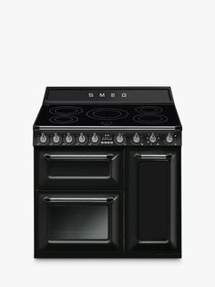 a black stove top oven with two burners