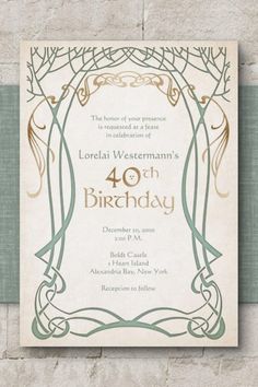 the front and back of a birthday party card with an ornate frame design on it