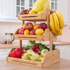 three tiered wooden fruit and vegetable display