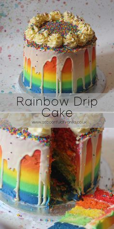 rainbow drip cake on a plate with one slice cut out and the other half eaten