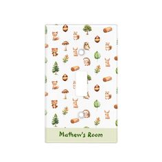 a light switch cover with woodland animals and trees on it, that says mother's room