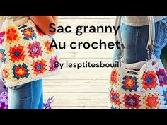 two crocheted purses sitting next to each other with the words sac granny au crochet