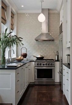 a kitchen with white cabinets and wood flooring is pictured in this image, there are plants on the counter