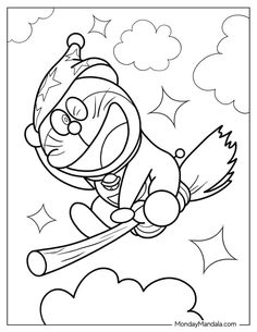 a cartoon character flying through the air with a baseball bat in his hand and clouds behind him