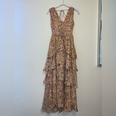 Floral And Ruffles Are Perfect For Spring And Summer Weddings Or Special Occasions! Fits So Nicely! Got For A Wedding And Didn’t End Up Wearing It. Floral Print Tiered Wedding Dress, Beige Floral Print Maxi Dress For Wedding, White Lace Maxi Dress, White Lace Maxi, Summer Weddings, Lilac Dress, Feminine Dress, Tiered Maxi Dress, 80 Dress