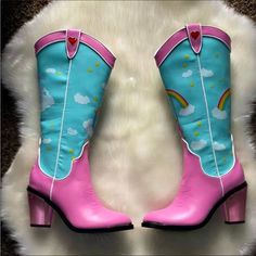 New In Box Women’s Care Bears Cowboy Boots Colorful Cowboy Boots Outfit, Pink Low Heel Boots For Spring, Trendy Pink Square Toe Boots, Pink Leather Boots With Low Heel, Pink High Heel Western Boots, Western Style High Heel Pink Boots, Pink Western Style Closed Toe Boots, Colorful Cowboy Boots, Neon Boots