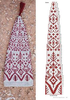 a knitted christmas tree ornament with red and white designs on the side