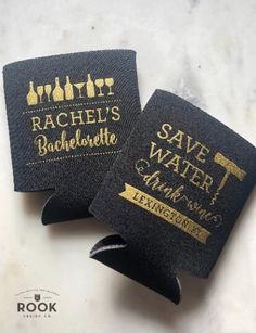 two black and gold wine bottle labels on a white counter top with the words rachel's bachelor written in gold