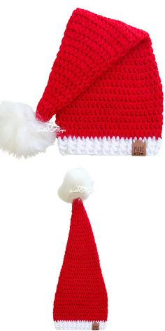 a crocheted santa hat with white pom - pom attached to it