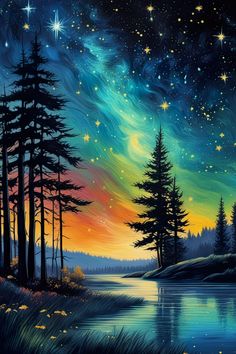 the night sky is filled with stars and trees, as if it were painted in acrylic paint