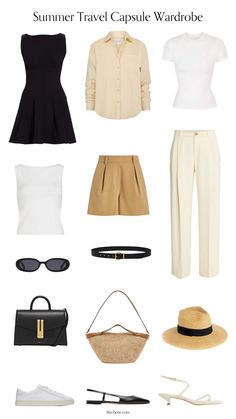 summer travel capsule wardrobe Inbetween Weather Outfits, Best Outfits For Traveling For Women, Ibiza Capsule Wardrobe, Summer 2024 Capsule Wardrobe, Capsule Wardrobe 2024 Spring, Summer Capsule Wardrobe 2024, Travel Summer Outfits, 10 Day Travel Wardrobe Summer, Classic Style Women Casual