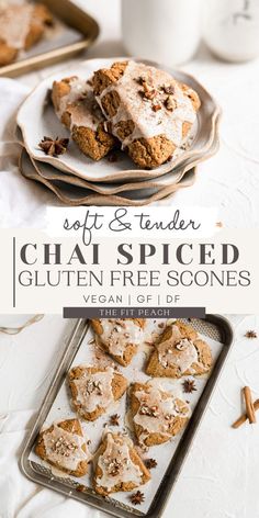 gluten free scones with cinnamon and icing are on a plate next to a