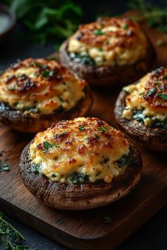 four baked mushrooms with cheese and herbs on a cutting board, ready to be eaten