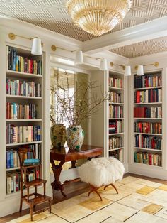 a room with many bookshelves and a table in the middle, along with a fur rug on the floor