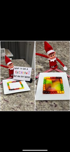 the elf is getting ready to cut the rainbow cake