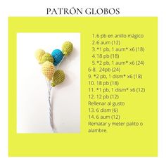 the instructions for crocheted cotton flowers are shown in yellow and blue, with white stems