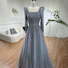 Arabic Grey A-Line Evening Dress 2024 with Puffy Shoulders A Line Evening Dress, Dress 2024, Party Gowns, Shoulder Design, Celebrity Weddings, Evening Gown, Evening Dress, Evening Gowns, Gowns Dresses