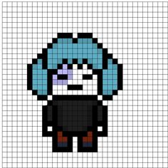 an image of a pixellated character with headphones and a blue hair, in the middle