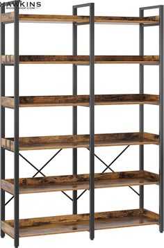 an industrial shelving unit with wooden shelves and metal bars on the bottom, one shelf has