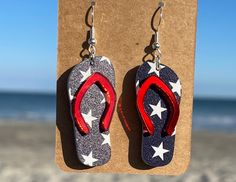 "Nautical earrings Measures 1.5\" without hook" Plastic Jewelry For Summer Beach, Fun Plastic Jewelry For The Beach, Blue Jewelry For 4th Of July Beach Day, Casual Plastic Jewelry For Beach, Casual Beach Season Earrings For Vacation, Patriotic Earrings For Summer Gift, Casual Beach Vacation Earrings, Casual Beach Season Vacation Earrings, Patriotic Jewelry For Beach On 4th Of July