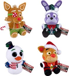 four different stuffed animals are in the shape of santa hats, reindeers and snowmen